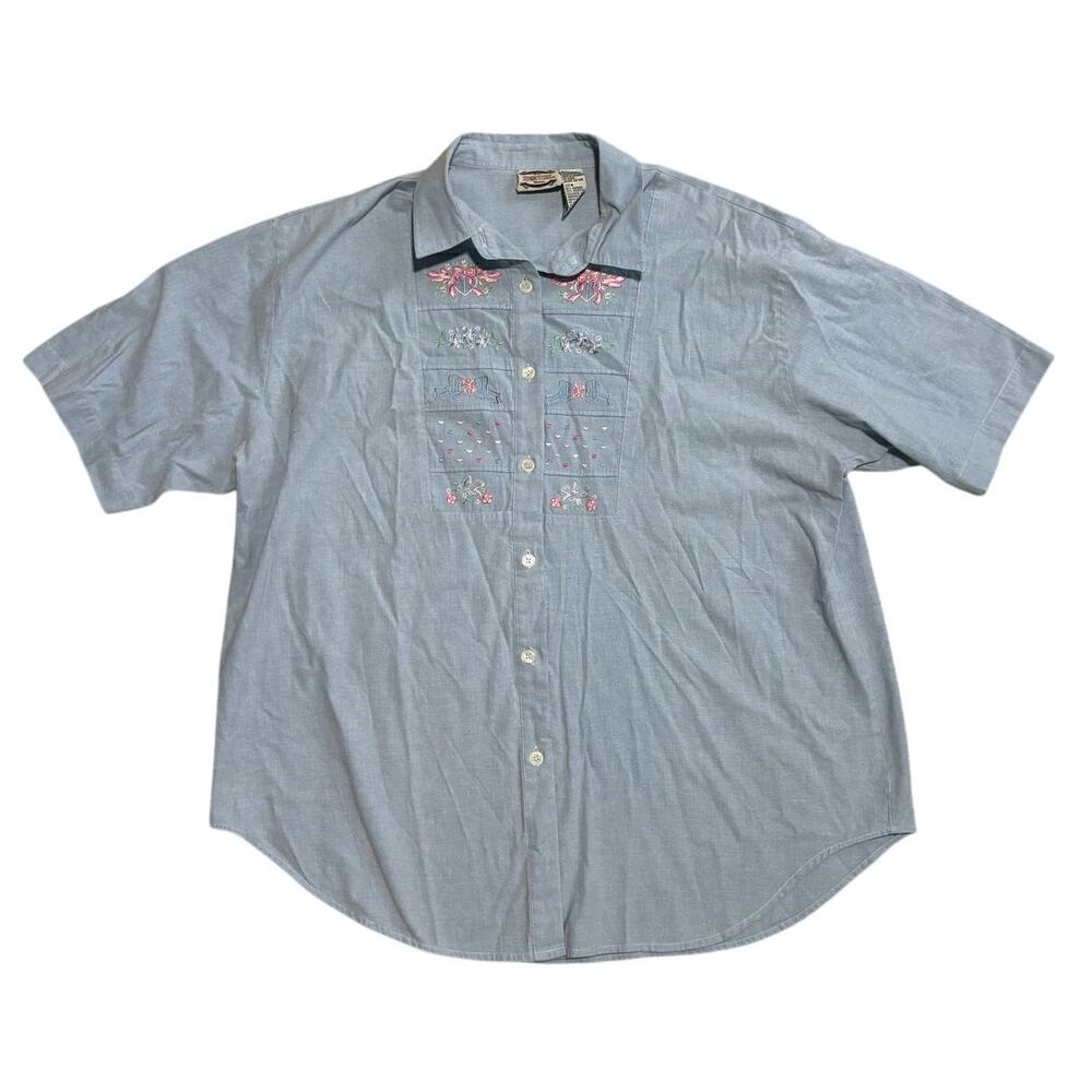 Vintage Short Sleeve Button Up Womens Shirt Sz 22W/2XL Embroidered Bows Hearts